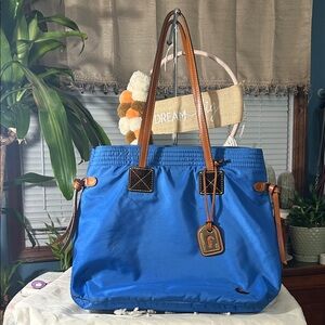 Dooney & Bourke Blue Nylon Tote with Brown Leather Handles